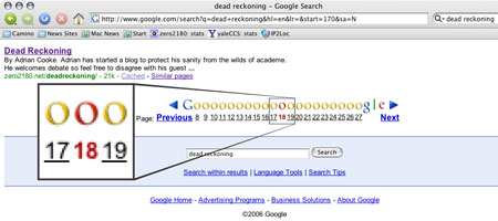 [Google results for “dead reckoning” places the site at the 18th “o” page]