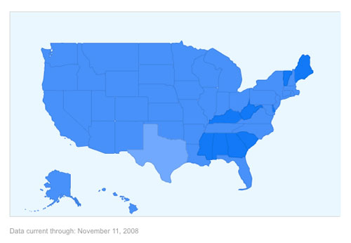 [U.S. map showing states with low and moderate flu activity, with data current through November 11, 2008]