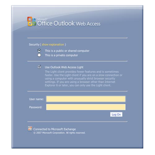 [Outlook Web Access login screen]