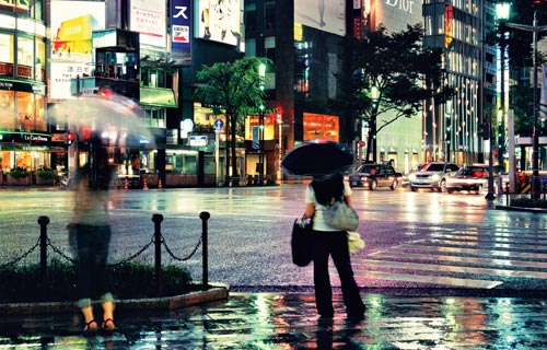 [Ginza at night with reflections on the street]