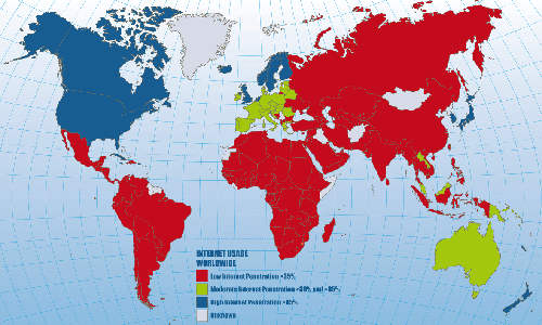 [map of World Wide Web penetration by geographic region]