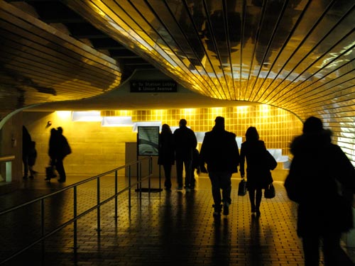 [mostly gold, passenger track tunnel at Union Station, New Haven]